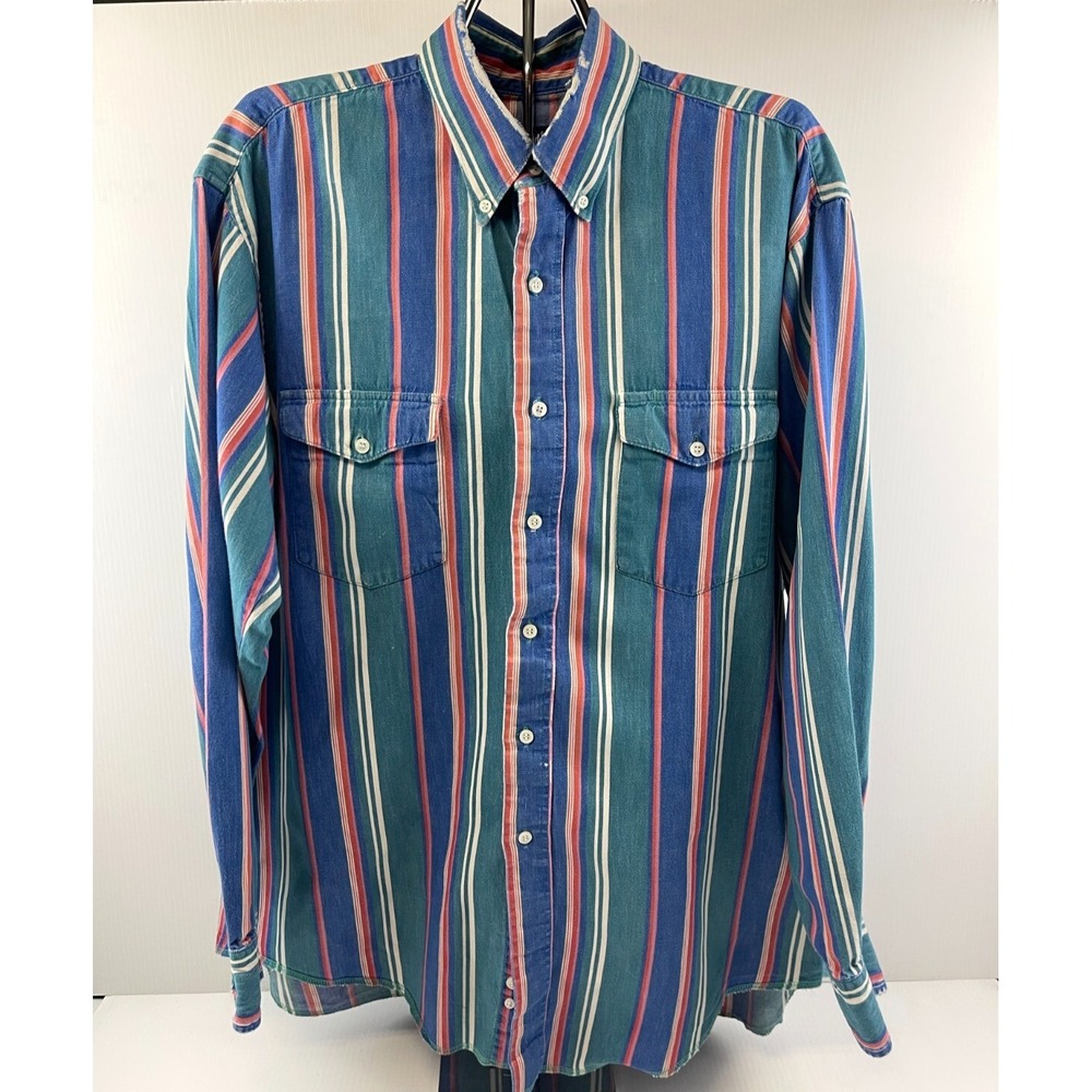 Vtg Wrangler Shirt Mens 16.5x34 X-Long Tails Stripe Western Cowboy Button Down